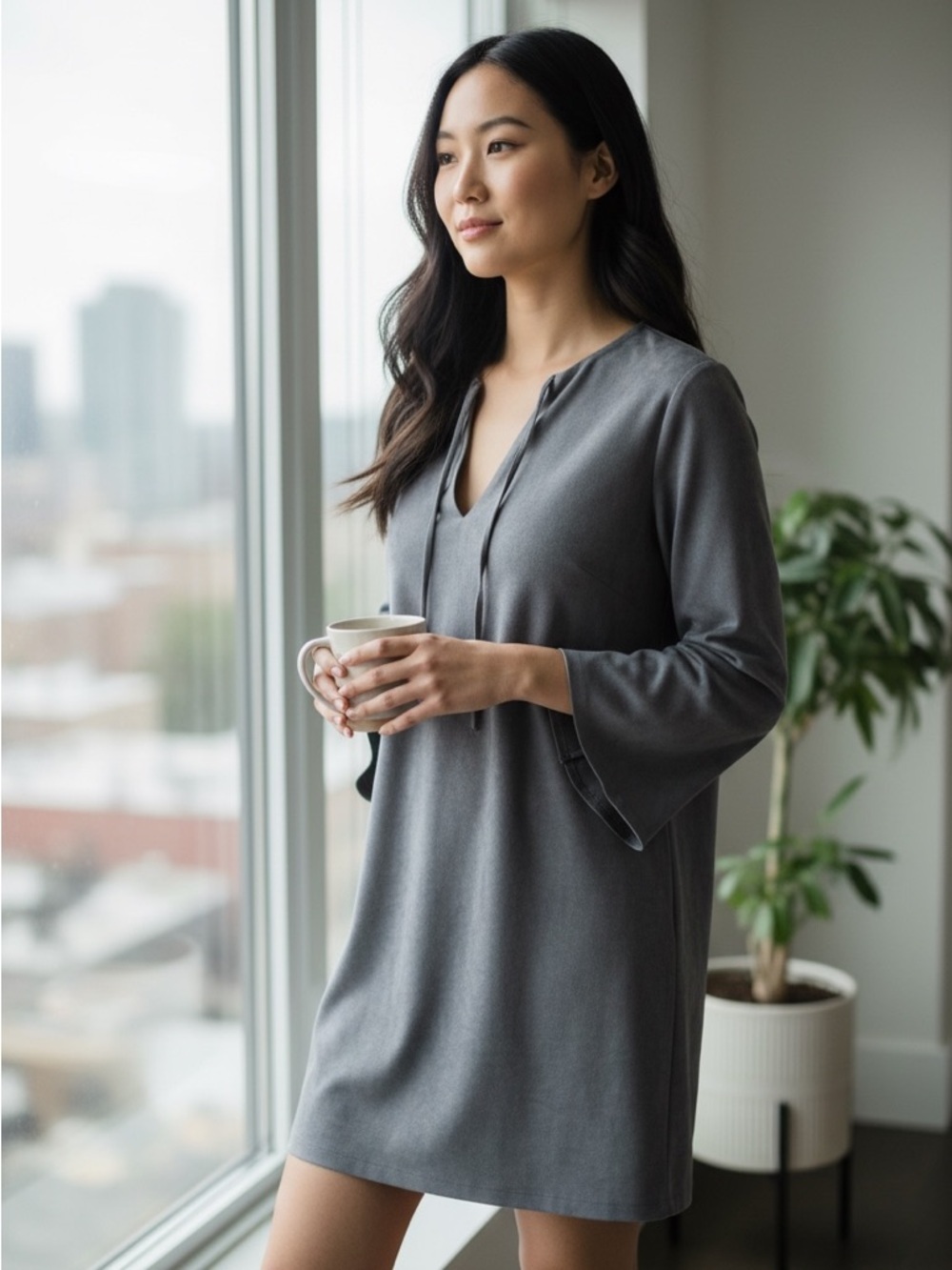 Lush Gray Faux Suede Shift Dress Bell Sleeve Tie Neck Size M